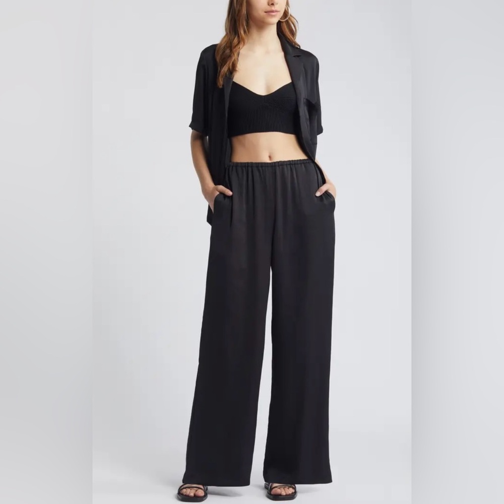 Open Edit | Women’s Black Wide Leg Elastic Waist Pull On Lined Krinkle Pants, S - Picture 2 of 13